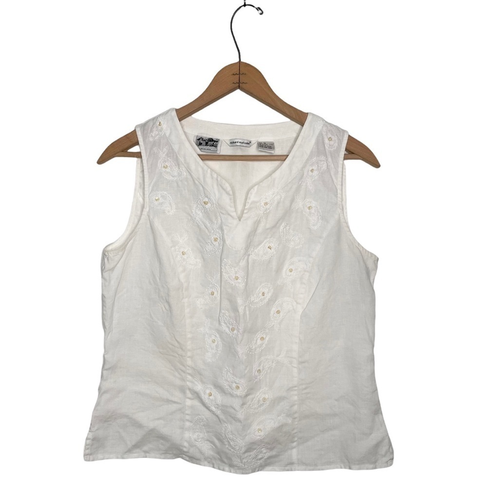 Richard Malcom | Irish Linen Paisley Embroidered Sequins Sleeveless Top White